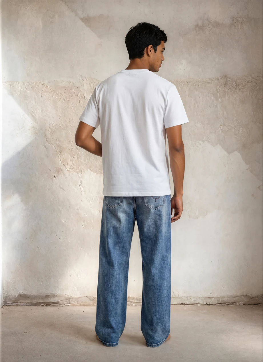 JEANS WIDE LEG EFFETTO SUN FADE IN DENIM PESANTE